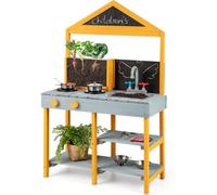 CostwayCuisine Extérieure pour Enfants avec Jardinière Robinet Rotatif et Evier Amovible 2 Tableaux Noirs Accessoires de Batterie pour 3+ Ans Bleu