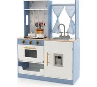 CostwayCuisine Ludique en Bois pour Enfants Rideaux Cuisinière Évier Four Distributeur d'Eau Cuisine Jouet pour Garçons et Filles de 3 Ans et Plus Bleu