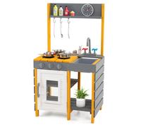 CostwayCuisine pour Enfants avec Réchauds Évier Amovible Robinet Four Crochets Suspendus & Étagères Ensemble de Jeu en Bois pour 3+ Gris + Jaune
