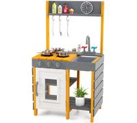 CostwayCuisine pour Enfants avec Réchauds Évier Amovible Robinet Four Crochets Suspendus & Étagères Ensemble de Jeu en Bois pour 3+ Gris + Jaune