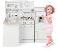 CostwayCuisine pour Enfants d' Angle Réfrigérateur Cuisinière de Jeu en Bois avec Distributeur d'eau Evier Hotte Ustensiles