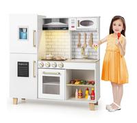 CostwayCuisine pour Enfants en Bois avec Machine à Glaçons Hotte Tableau Noir Barbecue Ustensiles avec Lumières et Sons Cadeau pour 3+ Ans Blanc