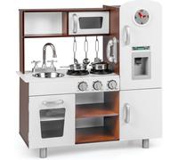 CostwayCuisine pour Enfants Sons et Lumières Réalistes en Bois Cuisinière Micro-ondes Four Machine à Glaçons Téléphone Horloge Évier Ustensiles Café