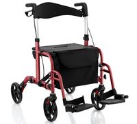 CostwayDéambulateur à 4 Roues Pliable en Aluminium Rollator Poignées Réglables en Hauteur 85-98 cm Repose-pieds Pliable Charge 136KG Rouge