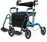 CostwayDéambulateur Pliable 2 en 1 avec Dossier Réversible Rollator Médical en Aluminium avec Roues Poignées Réglables Repose-pieds Bleu