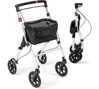 CostwayDéambulateur Pliant à 4 Roues&Freins Charge 136KG Rollator Médical Léger Hauteur Réglable avec Poignée Plateau Panier de Rangement Blanc