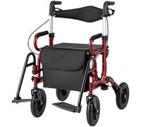CostwayDéambulateur Tout-Terrain à 4 Roues avec Siège Combiné Déambulateur et Fauteuil Roulant 2-en-1 Hauteur Réglable Rollator Charge 140KG Rouge