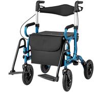 CostwayDéambulateur Tout-Terrain à 4 Roues avec Siège Combiné Déambulateur et Fauteuil Roulant 2-en-1 Hauteur Réglable Rollator Charge 140KG Bleu