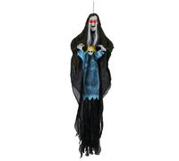 CostwayDécoration Sorcière d?Halloween à Suspendre 210 cm avec Yeux Rouges LED Sons Terrifiants Bras Malléables Accessoire Poupée Fantomatique
