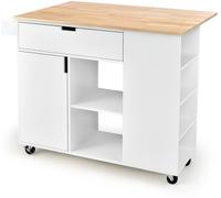 CostwayDesserte/Chariot à Roulettes avec Comptoir en Bois de Caoutchouc Pliable Ilot Central Cuisine avec Porte-épices Blanc