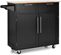 CostwayDesserte/Chariot de Cuisine à Roulettes - 94x45x94,5 CM - 2 Tiroirs - 2 Portes - Porte-Serviettes - Ilot de Cuisine - Noir