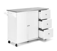 CostwayDesserte de Cuisine à Roulettes avec Plateau Acier Inox. îlot Chariot de Cuisine avec 3 Tiroirs 2 Portes et Porte-épices Blanc