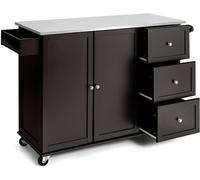 CostwayDesserte de Cuisine à Roulettes avec Plateau Acier Inox. îlot Chariot de Cuisine avec 3 Tiroirs 2 Portes et Porte-épices Café