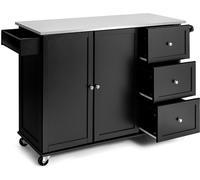 CostwayDesserte de Cuisine à Roulettes avec Plateau Acier Inox. îlot Chariot de Cuisine avec 3 Tiroirs 2 Portes et Porte-épices Noir