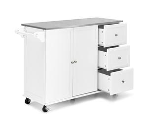 CostwayDesserte de Cuisine à Roulettes avec Plateau Acier Inox. îlot Chariot de Cuisine avec 3 Tiroirs 2 Portes et Porte-épices Blanc