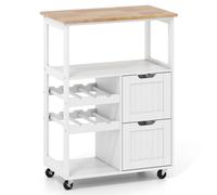 CostwayDesserte de Cuisine à Roulettes avec Plateau en Bois de Caoutchouc Chariot de Cuisine avec 2 Étagères Ouvertes 65 x 37 x 89 cm Blanc