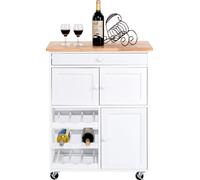 CostwayDesserte de Cuisine Roulante Chariot de Service avec 1 Tiroir 2 Armoires 1 Casier à Vin en Bois 67x37x865cm Blanc