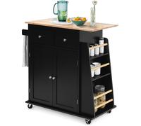 CostwayDesserte de Cuisine sur Roulettes avec Plateau en Bois d'hévéa îlot Chariot de Service avec Porte-épices et Tiroirs Noir