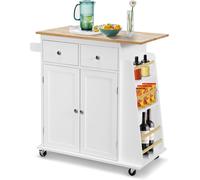 CostwayDesserte de Cuisine sur Roulettes avec Plateau en Bois d'hévéa îlot Chariot de Service avec Porte-épices et Tiroirs Blanc