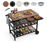 CostwayDesserte Plancha Extérieure Chariot de Barbecue avec Four Coréen Plan de Travail Étagères Ouvertes Tablette Latérale Rabattable Naturel