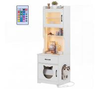 CostwayEnceinte pour Bac à Litière pour Chat avec Éclairage LED Ajustable Meuble Caché Toilettes de 153 cm de Hauteur avec Étagères Blanc