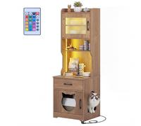 CostwayEnceinte pour Bac à Litière pour Chat avec Éclairage LED Ajustable Meuble Caché Toilettes de 152 cm de Hauteur avec Étagères Naturel