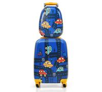 CostwayEnsemble 2 Valises pour Enfants Sac à Dos Trolley avec Poignée Rétractable Thème Voiture Bleu