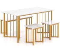 CostwayEnsemble 4 Pièces Table Rectangulaire avec Banc et 2 Tabourets Ensemble de Table Moderne avec Pieds en Métal en Forme d'Aile