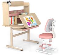 CostwayEnsemble Bureau et Chaise Ergonomique pour Enfants Réglables en Hauteur Bureau avec Plateau Inclinable Chaise avec Repose-Pieds Rose