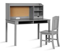 CostwayEnsemble Bureau et Chaise pour Enfant Bureau pour Enfant avec Chaise Plateau Tiroirs Étagères Tableau d'Affichage en Liège Gris