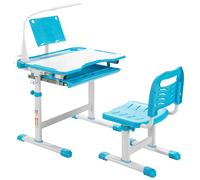 CostwayEnsemble Bureau et Chaise pour Enfants avec Éclairage LED Plateau Incliné et Tiroir Coulissant Réglable en Hauteur Bleu
