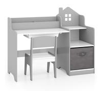 CostwayEnsemble Bureau et Chaise pour Enfants Bureau d'Étude avec Étagères Ouvertes Tiroir et Panier en pour Garçons et Filles de 3 Ans Gris
