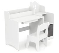 CostwayEnsemble Bureau et Chaise pour Enfants Bureau d'Étude avec Étagères Ouvertes Tiroir et Panier en pour Garçons et Filles de 3 Ans Blanc