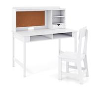 CostwayEnsemble Bureau et Chaise pour Enfants Table d?Étude en Bois avec Tableau en Liège Tiroir Meuble de Rangement et Étagères Blanc