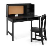 CostwayEnsemble Bureau et Chaise pour Enfants Table d?Étude en Bois avec Tableau en Liège Tiroir Meuble de Rangement et Étagères Noir