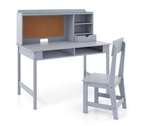 CostwayEnsemble Bureau et Chaise pour Enfants Table d?Étude en Bois avec Tableau en Liège Tiroir Meuble de Rangement et Étagères Gris