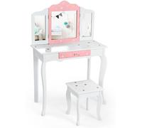CostwayEnsemble Coiffeuse et Tabouret pour Enfants Miroir à 3 Volets Amovible Table de Maquillage avec Tiroir Blanc