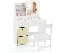 CostwayEnsemble Coiffeuse pour Enfants avec Miroir Lumineux Table de Maquillage Princesse avec Miroir et Lumières Étagères Ouvertes Blanc