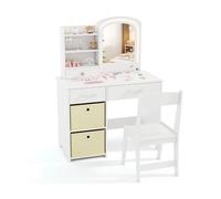 CostwayEnsemble Coiffeuse pour Enfants avec Miroir Lumineux Table de Maquillage Princesse avec Miroir et Lumières Étagères Ouvertes Blanc