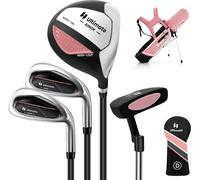 CostwayEnsemble Complet de Clubs de Golf Junior pour Enfants Âgés de 8 à 10 Ans Driver N°1 Fers #7 et #S et Putter Sac Trépied avec Capuche Anti-pluie Rose