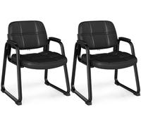 CostwayEnsemble de 2 Chaises d'Accueil Ergonomique avec Cadre Métallique & Accoudoirs Rembourrés Chaise d'Accueil en Cuir Artificiel Noir