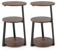 CostwayEnsemble de 2 Tables d'Appoint Rondes à 3 Niveaux avec Cadre en Métal et Patins Réglables Table de Chevet Industrielle Brun Rustique et Noir