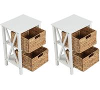 CostwayEnsemble de 2 Tables de Chevet 3 Niveaux Table d'Appoint Au Design X avec 2 Paniers en Herbe Marine avec Pieds en Bois d'Acacia Blanc