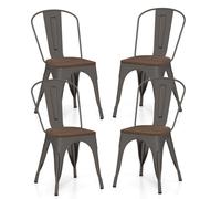 CostwayEnsemble de 4 Chaises de Salle à Manger en Métal Chaises Empilables pour Cuisine avec Assise en Bois et Dossier Haut Détachable Gun