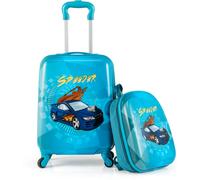 CostwayEnsemble de Bagages 2 Pcs pour Enfants avec Roues Pivotantes Valise Rigide de 17" et Sac à Dos Rigide de 13" Motif Voiture Bleu Foncé