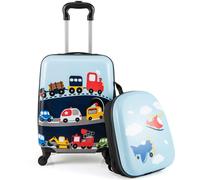 CostwayEnsemble de Bagages 2 Pcs pour Enfants avec Roues Pivotantes Valise Rigide de 17" et Sac à Dos Rigide de 13" Motif Voiture BLeu + Noir