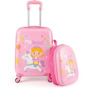 CostwayEnsemble de Bagages 2 Pcs pour Enfants avec Roues Pivotantes Valise Rigide de 17" et Sac à Dos Rigide de 13" pour Motif Licorne Rose