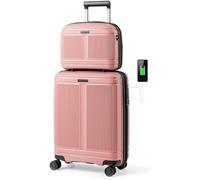 CostwayEnsemble de Bagages 2 Pièces Valise Cabine 50 CM et Trousse à Cosmétiques 35 CM Bagage à Coque en PP avec Serrure TSA Port USB Rose