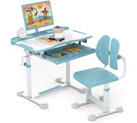 CostwayEnsemble de Bureau et Chaise pour Enfant Bureau d'Étude Réglable en Hauteur avec Plateau Inclinable Support de Livre Bleu