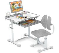 CostwayEnsemble de Bureau et Chaise pour Enfant Bureau d'Étude Réglable en Hauteur avec Plateau Inclinable Support de Livre Gris